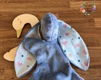 Snuggle bunny, baby comforter, Denim with pastel rainbows