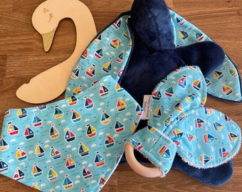 Nautical baby gift set, comforter, teether & bib