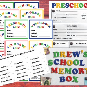 CUSTOM School Memory Box labels kit Printable organization kit includes file tabs, box cover and annual journal sheets image 1