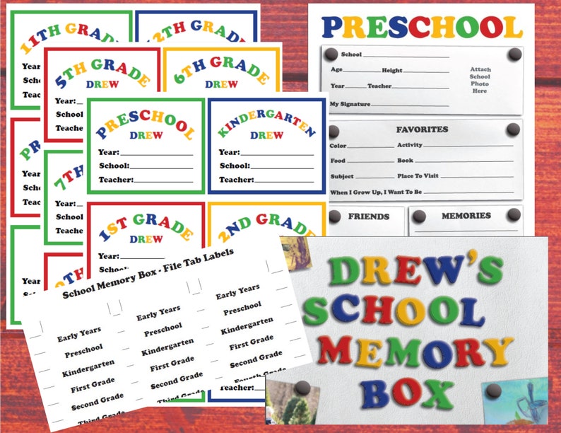 CUSTOM School Memory Box labels kit Printable organization kit includes file tabs, box cover and annual journal sheets image 1