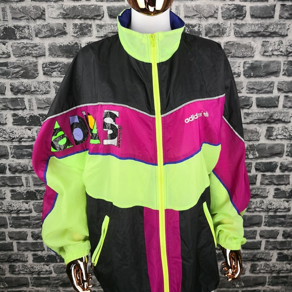 ADIDAS Vintage Windbreaker 90s RAIN JACKET nylon cagoule kagool neon Jacket Coat Rain Wear Nylon