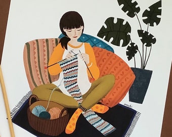 Fine Art Knitting Girl A5 Yarn Knitted Lady Print Pictures Illustration Plant Botanical