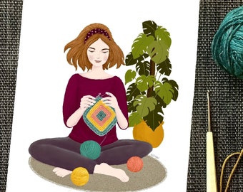 Crocheting Girl, Yarn lover, Monstera Plant, illustration, Poster A5