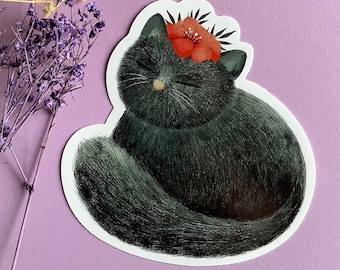 Sleeping Cat Vinyl Sticker, Floral Crown, Laptop Decal (10x10cm)