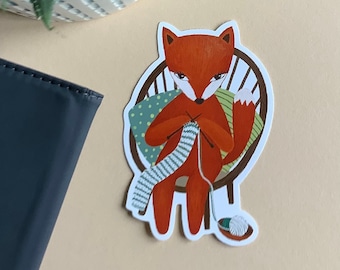Knitting Fox Vinyl Sticker, Yarn Lover Gift (10x7cm)