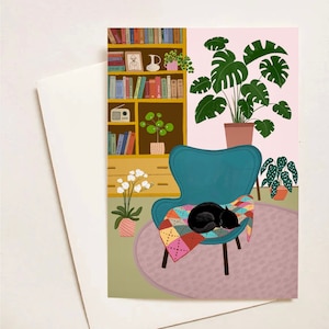Schlafende Katze, Wohnzimmer, Häkeldecke, Grußkarten, Pflanzenmalerei, Vintage Stil