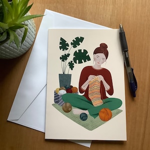 Carte de voeux, carte d'anniversaire, cartes A5, tricoteuse, plante, illustration,