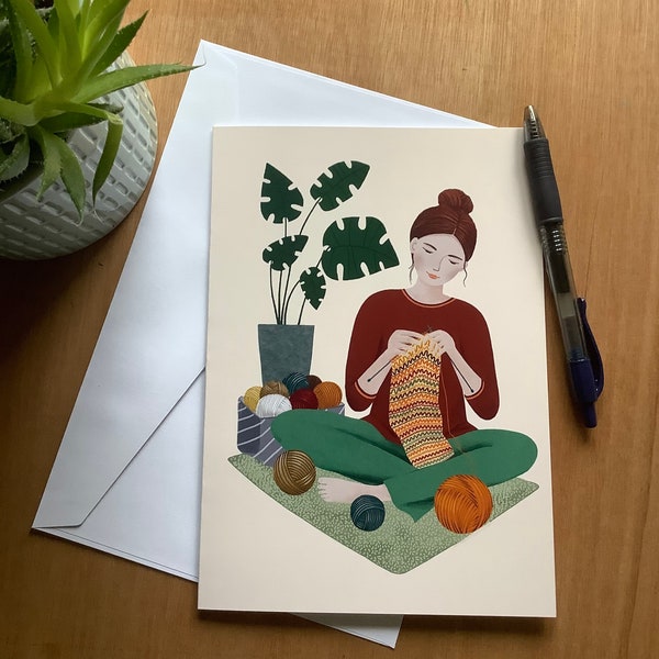 Greeting Card, Birthday Card, A5 Cards, Knitting Lady,  Plant, Illustration,