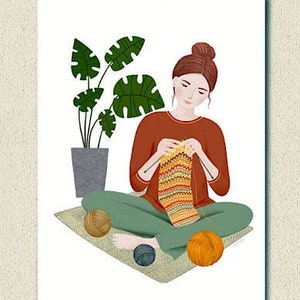 Fine Art, Knitted Lady, Tricot, Illustration, Art mural, Fil, Balle, Cadeau pour tricoteuses