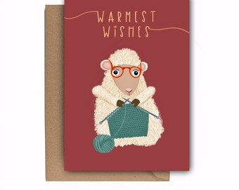 Cute Sheep Knitting Card, Yarn, Warmest Wishes