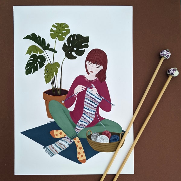 Fine art, Knitting Girl, Poster, Illustrated, Plant, Yarn ball,