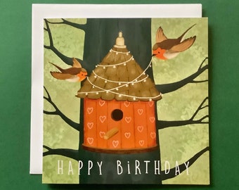 Robin Birthday Card, Birdhouse Art, Cute Greeting Card