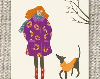 Girl and Dog, Whippet ART, Poster A5, Illustrations