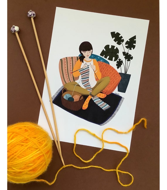 Fine Art Knitting Girl A5 Yarn Knitted Lady Print Pictures Illustration Plant Botanical