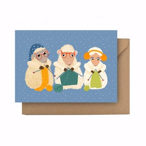 Carte de voeux, Trois générations, Dames tricoteuses, Laine, Laine, Brebis