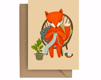 Knitting Fox, Greeting Card, Birthday cards, Cute animal