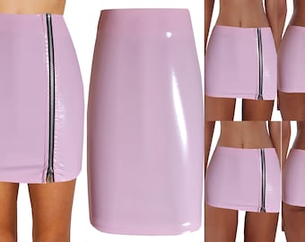 Pink Full Side Zip Vinyl Pvc Shiny Wet Look Mini Skirt