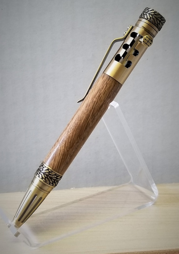 Gearshift Antique Brass Pen made with White Oak. --Visit Cascadiapens.com