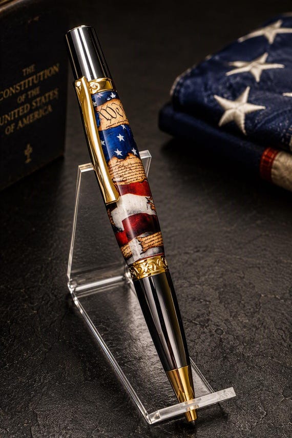 Handcrafted Patriotic Sierra Pen  U.S. Constitution Preamble and American Flag  Black Titanium & Titanium Gold Parker Refill