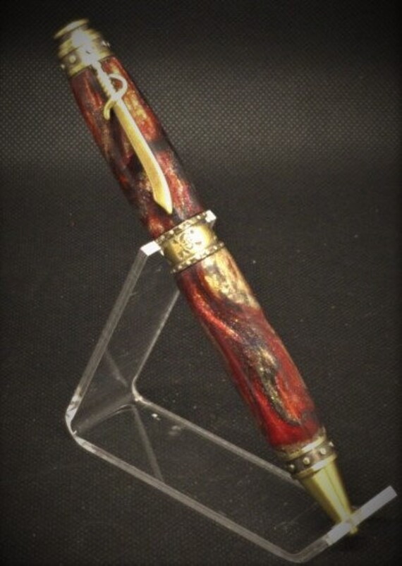 Pirate Twist Pen Antique Brass - DiamondCast - Red Dragon, made with diamond infused resin.