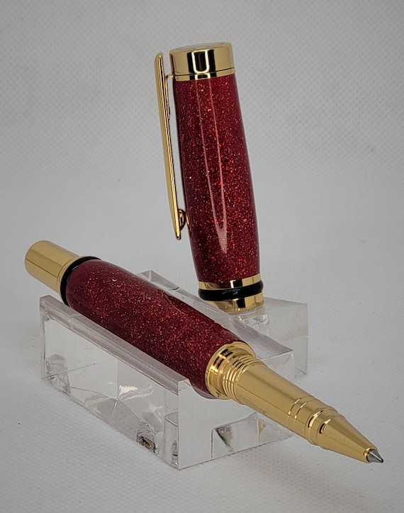 Cameron Rollerball Pen Red Diamond Cast Resin with Silver Flakes Handcrafted Luxury Gift Boxed