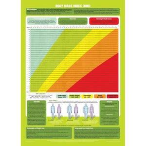 May include: A chart showing the Body Mass Index (BMI) with a colour-coded grid for weight in pounds and height in feet and inches. The chart is divided into five categories: Underweight, Healthy Weight, Overweight, Obese, and Severely Obese. The chart also includes information about body types and body fat.