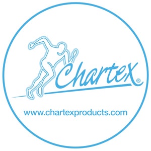 May include: A blue and white logo with the word "Chartex" in a stylized font. A stylized image of a person running is above the word "Chartex". The text "www.chartexproducts.com" is below the logo.