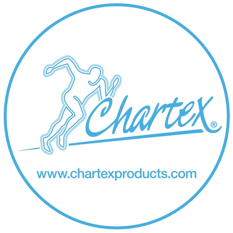 May include: A blue and white logo with the word "Chartex" in a stylized font. A stylized image of a person running is above the word "Chartex". The text "www.chartexproducts.com" is below the logo.