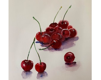 Cherries original watercolor, Cherry hand painted, Fruit painting, Kitchen art, cherry watercolor ,fruit and vegetables art, still life