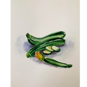 Acquerello originale di zucchine, Zucchine dipinte a mano, acquerello originale di verdure, Arte della cucina, arte della frutta e della verdura, natura morta
