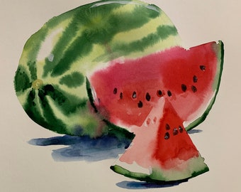 Aquarelle originale de pastèque, pastèque peinte à la main, art de cuisine, peinture de fruits originale, art de fruits et légumes, nature morte