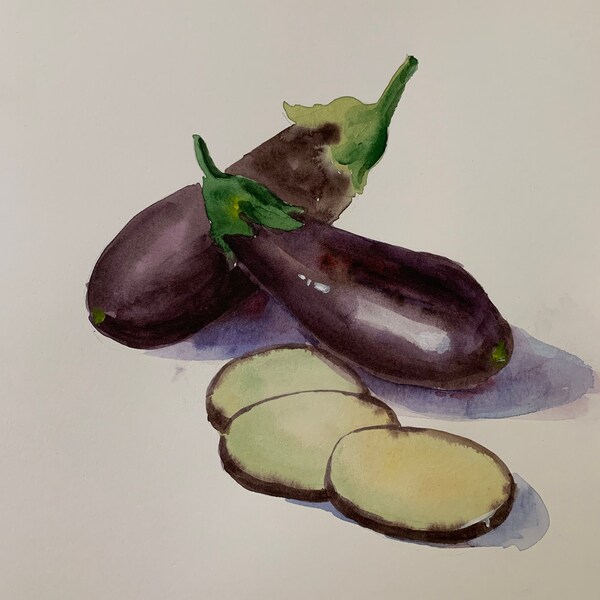 Aquarelle originale d’aubergine, aquarelle d’aubergine peinte à la main, aquarelle originale d’aubergine, Art de la cuisine, légumes-fruits, nature morte