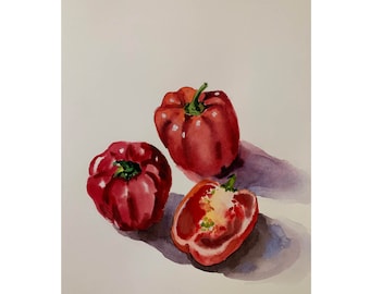 水彩画　レッドピーマンとグラス ベルペッパーの絵画 - オリジナルの水彩画からのプリント、「ベル