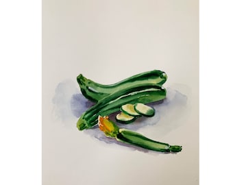 Aquarelle originale de courgettes, Courgette peinte à la main, aquarelle originale de légumes, Art de cuisine, art des fruits et légumes, nature morte