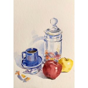 Composizione di natura morta acquerello originale, natura morta dipinta a mano, acquerello in barattolo di caramelle, arte in cucina, mela, arte del caffè, arte per la colazione