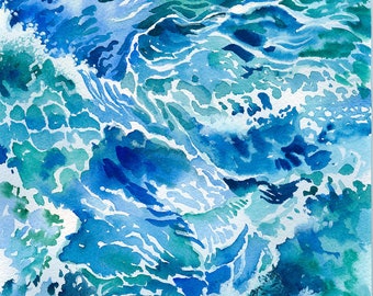 Blue Ocean Wave Original Watercolor Painting, Abstract Sea Panitng