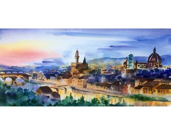 Puede incluir: Pintura acuarela de una ciudad con un puente, un río y edificios. El cielo es de un azul suave con matices rosados y anaranjados. Los edificios son una mezcla de marrón, beige y gris. El río es de un azul claro con reflejos de los edificios.