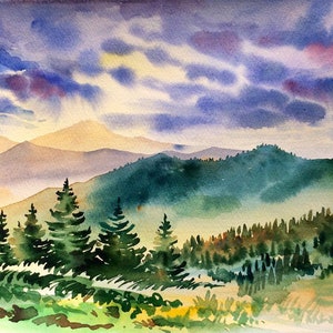 Pintura de paisaje acuarela original, pino, pintura de puesta de sol, pintura de naturaleza, Toscana, luz dorada, cielo nublado en acuarela, nubes