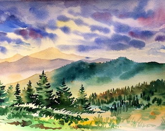 May include: A watercolor painting of a mountain landscape with a purple and blue sky. The mountains are covered in green trees and there is a light fog in the valleys. The sun is setting behind the mountains, casting a warm glow on the scene.
