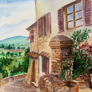 Oryginalna akwarela wzgórz Toskanii, Stare drzwi, Włochy, Sztuka Toskanii, San Gimignano, mała włoska wioska, Krajobraz Toskanii, Panorama