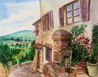Tuscany hills original watercolor, Old door painting Italy, Toscana art, San gimignano, little Italian village, Tuscany landscape, panorama