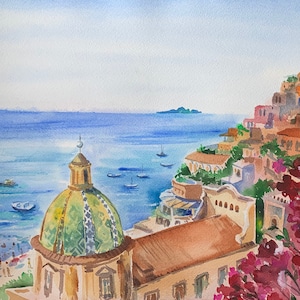May include: Watercolor painting of a colorful Italian village with a domed church building in the foreground. The village is built on a cliff overlooking the blue Mediterranean Sea. The painting features a vibrant palette of colors, including yellow, orange, red, and green.