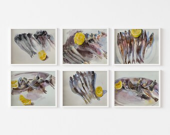 Sardines original watercolor painting, Set of six sardine paintings, fish painting, small size watercolor of sardines, hand painted wallart