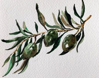 オリーブの枝のオリジナル水彩画、食べ物のイラスト、ギリシャの植物の