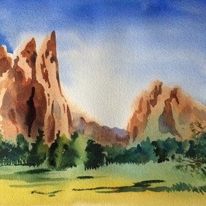 Colorado Springs watercolor painting, Garden of the Gods Park, Landscape painting, Nature painting, panorama