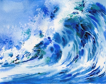 Blue ocean wave original watercolor painting, abstract sea panitng, ocean watercolor, wave watercolor, wall art original painting