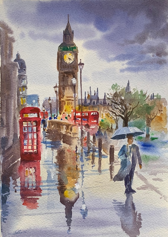 ロンドンのオリジナル水彩画、イギリスの手描き絵画、雨のロンドン