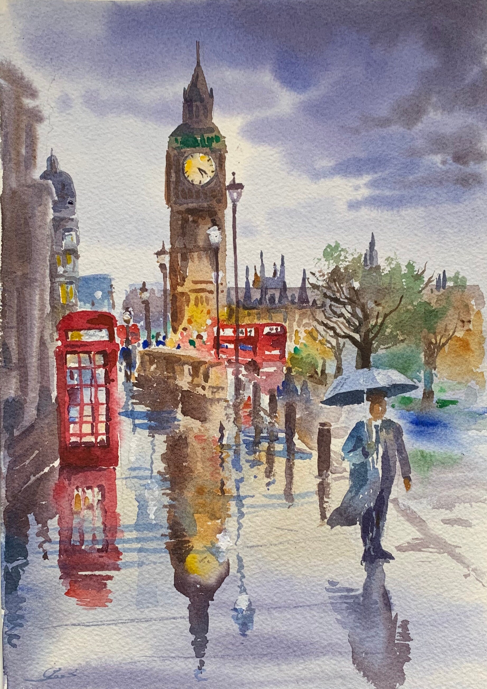原画#3623 ビッグベン　雨　ロンドン　水彩画　ドローイング　絵画　絵　アート ロンドンのオリジナル水彩画、イギリスの手作り絵画、雨の