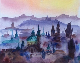 Sunset over Prague, prague original watercolor painting, panorama,  cityscape, skyline, Czech repubblic, custom painting, charles bridge