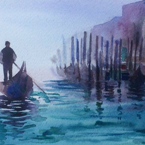 Venice original Watercolor painting, Gondole Foggy Canal, Venezia, Cityscapes, Italy Original painting, Venice Souvenir, Venice postcard